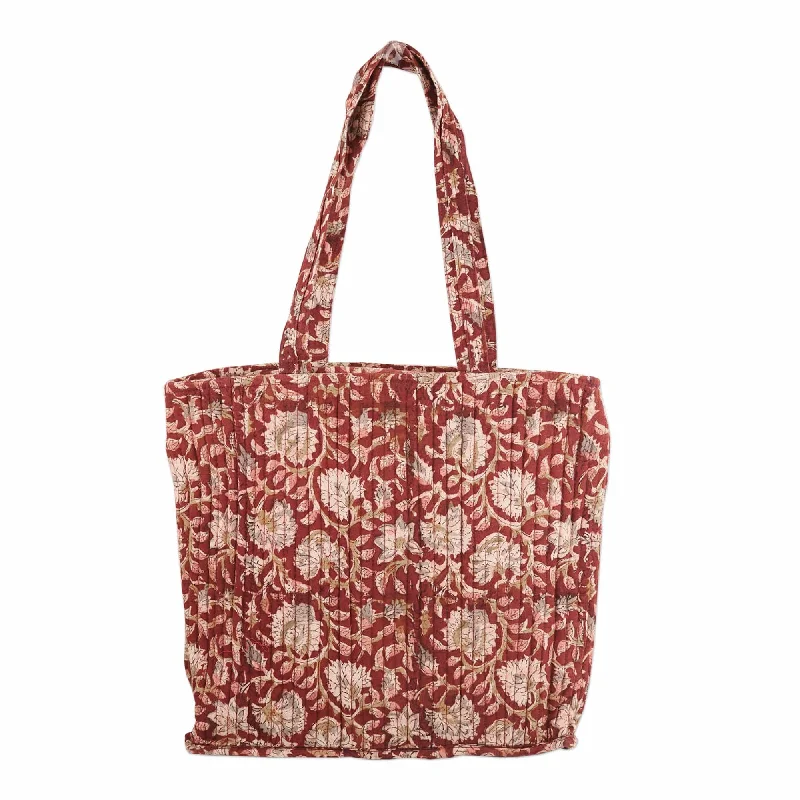 Red Quilted Cotton Tote Bag with Block-Printed Pattern - Red Elegance