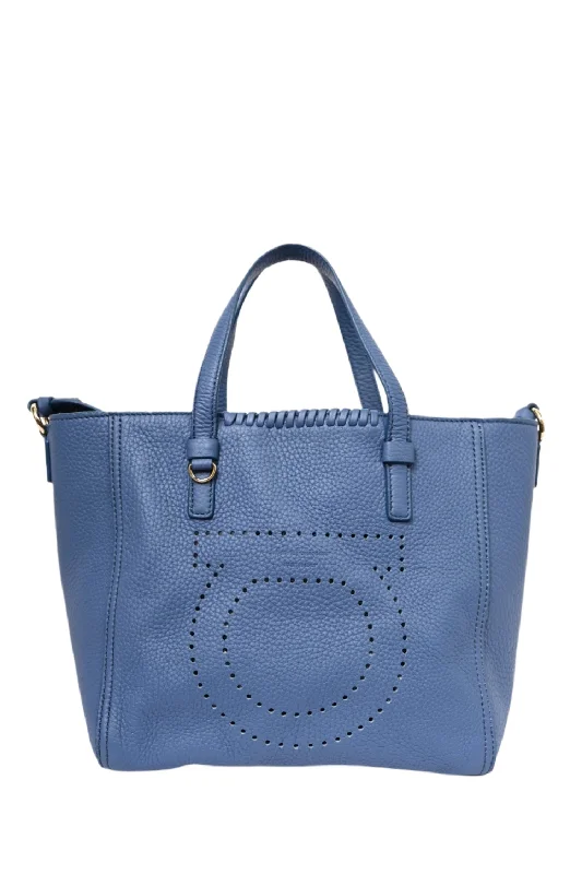 Salvatore Ferragamo Blue Grained Leather Perforated Mini 'Marta' Tote with Strap