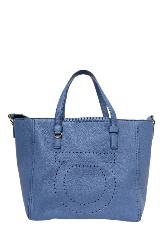 Salvatore Ferragamo Blue Grained Leather Perforated Mini 'Marta' Tote with Strap