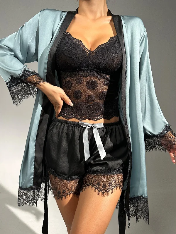 Sheer Lace Cami With Belted Robe & Shorts Night Set