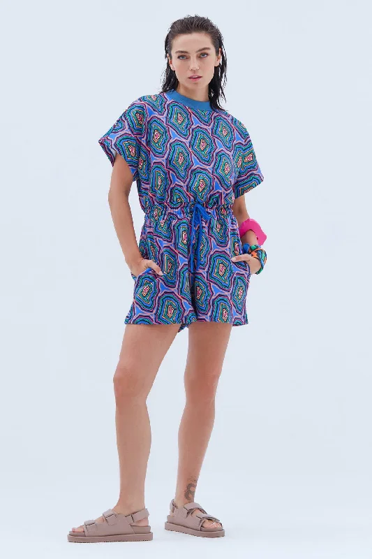 Eco-friendly Short Playsuit with Drawstring Tie in Concentric Blue