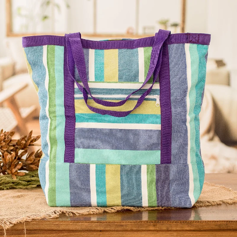 Striped Cotton Shopping Bag in Purple and Green Hues - Sustainable Sensations