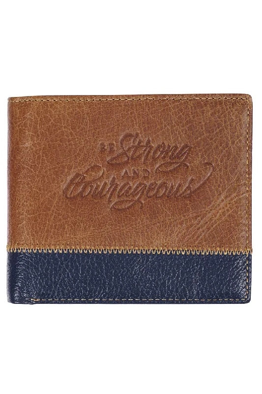 Strong and Courageous Butterscotch and Navy Genuine Leather Bi-Fold Wallet