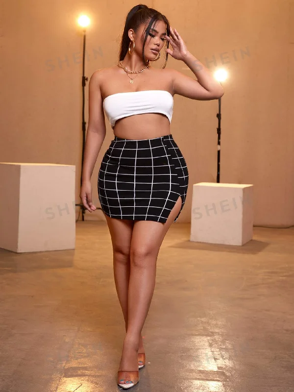 SXY Grid Plaid Split Side Bodycon Skirt