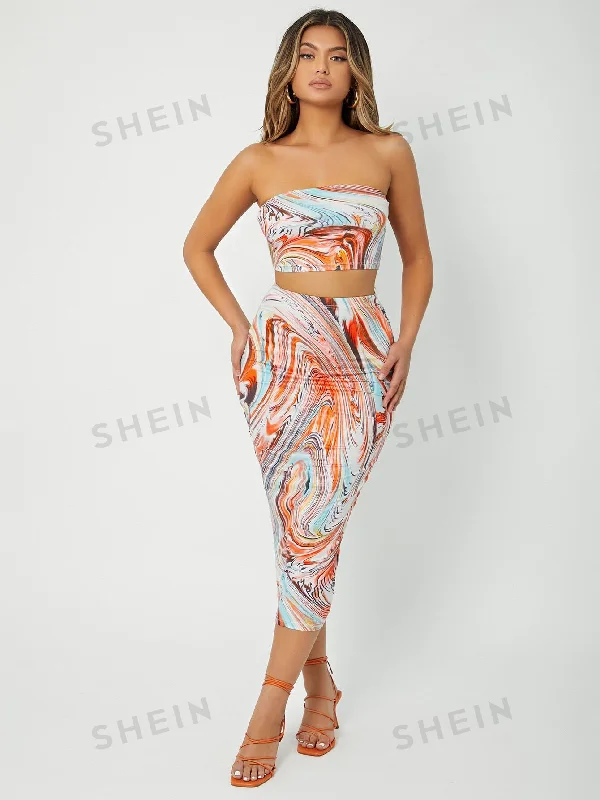 SXY Marble Print Crop Tube Top & Pencil Skirt