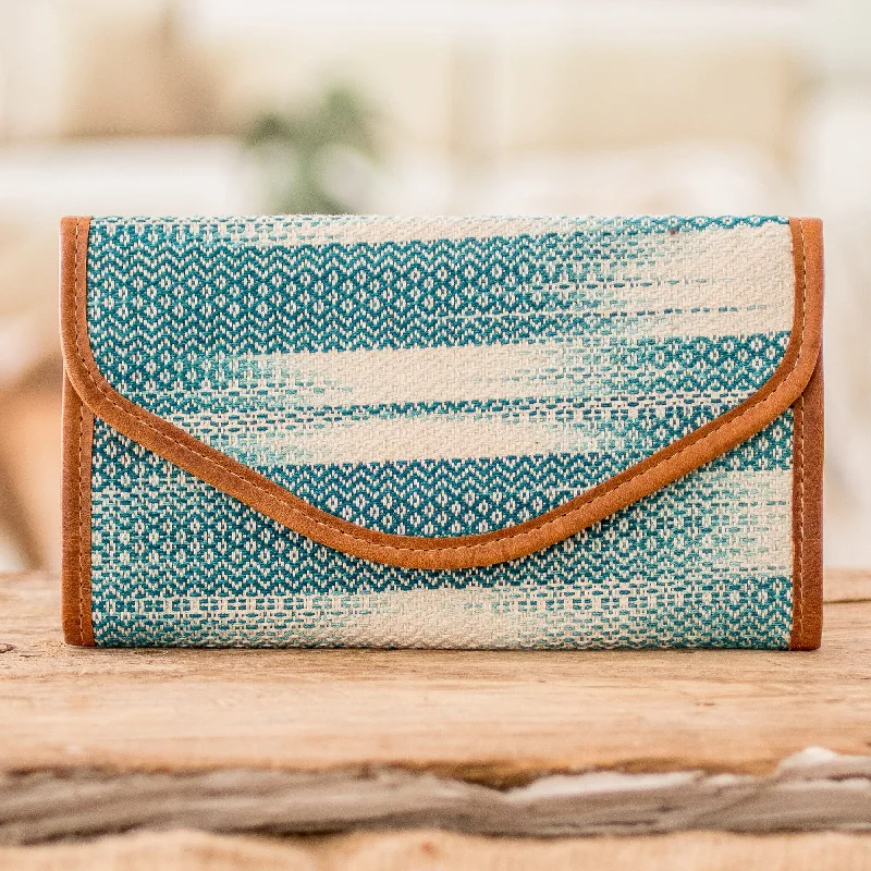 Teal and White Hand-Woven Cotton Wallet with Leather Trim - Colors of Tradition in Teal