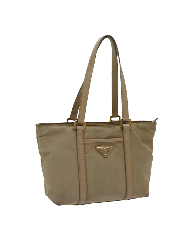 Beige Nylon Tote Bag with Scratches and Rubbing by Italian Designer