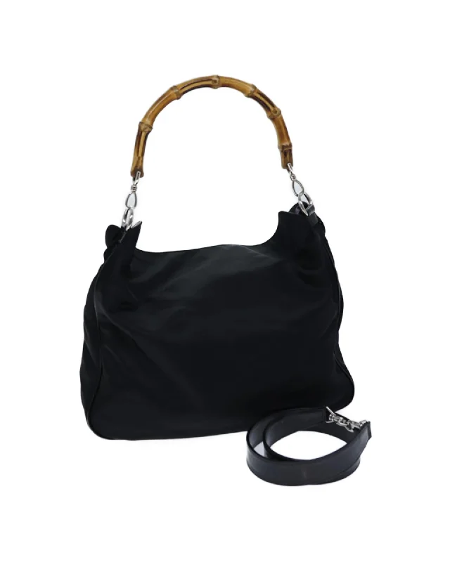 Black Nylon 2-way Hand Bag with Bamboo Handle and Shoulder Strap