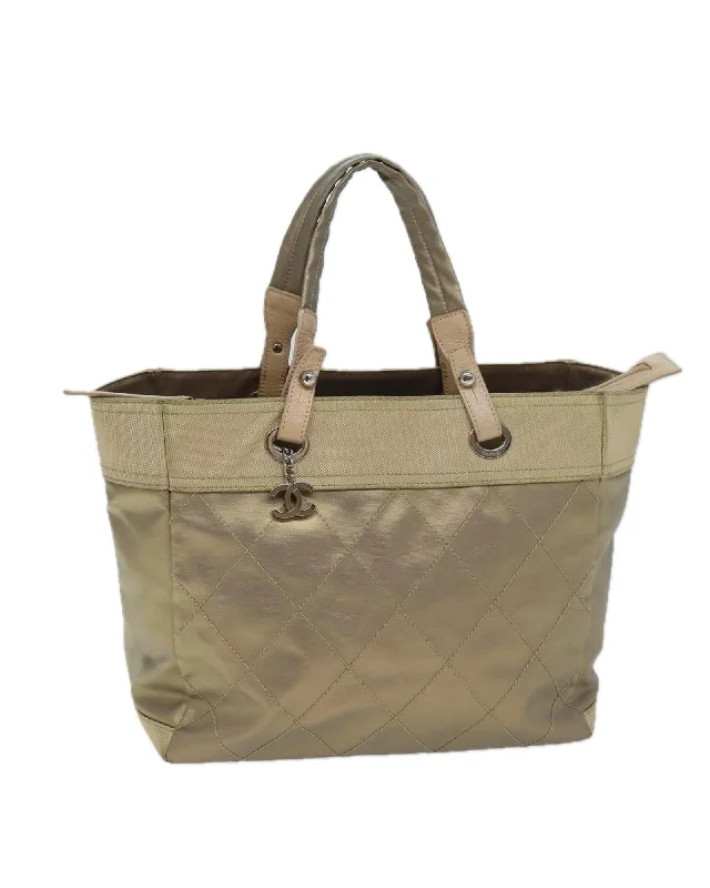 Beige Leather Stitch Tote Bag with CC Logo - Authentic