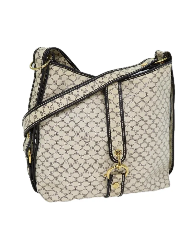 White Macadam Canvas Shoulder Bag with PVC Leather by Italian Designer