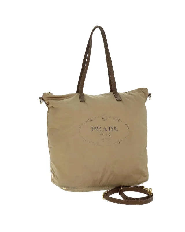 Beige Nylon 2way Tote Bag with Shoulder Strap