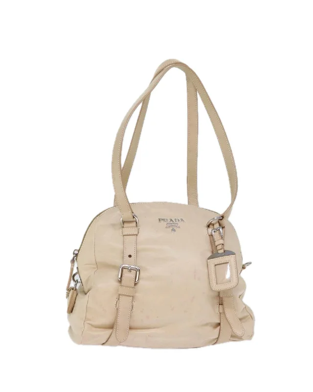 Beige Leather Shoulder Bag with Padlock and Key