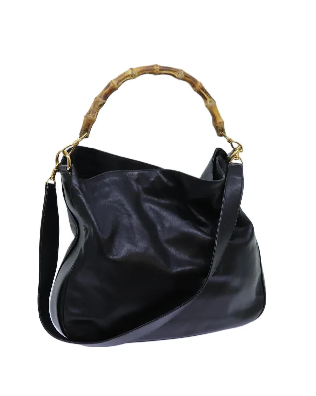 Black Leather 2way Hand Bag with Bamboo Handle