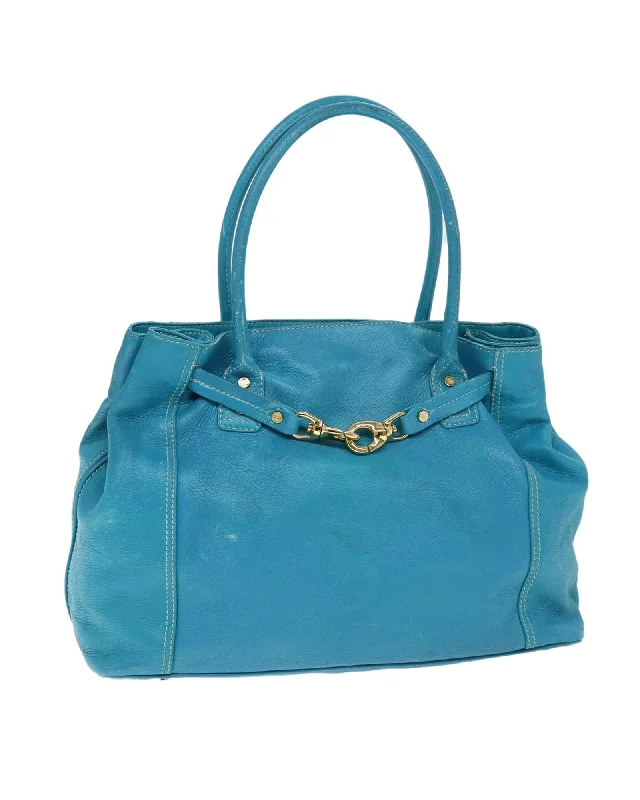 Turquoise Blue Leather Tote Bag with Accessories (Rank C)