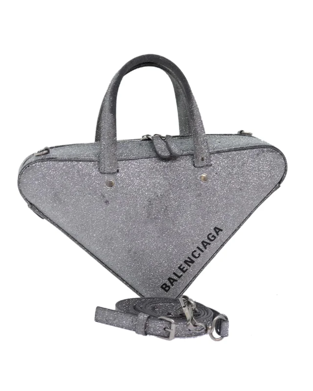 Leather Triangle Duffle Hand Bag with Shoulder Strap - Silver