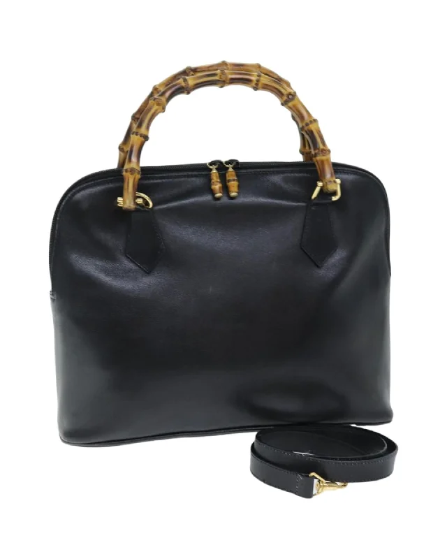 Leather 2way Hand Bag with Bamboo Detail in Black