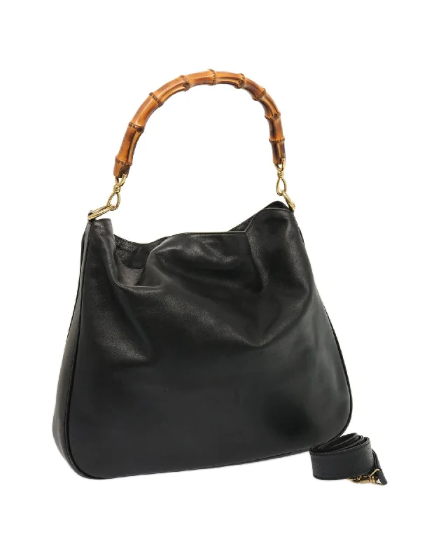 Black Leather Bamboo Hand Bag with Shoulder Strap