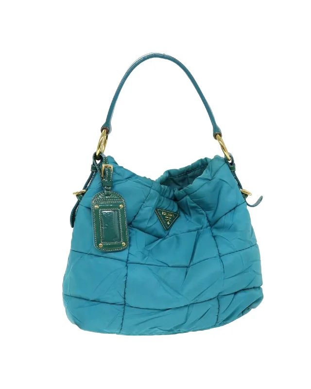 Turquoise Blue Nylon Tote Bag with Name Tag - Made in Italy