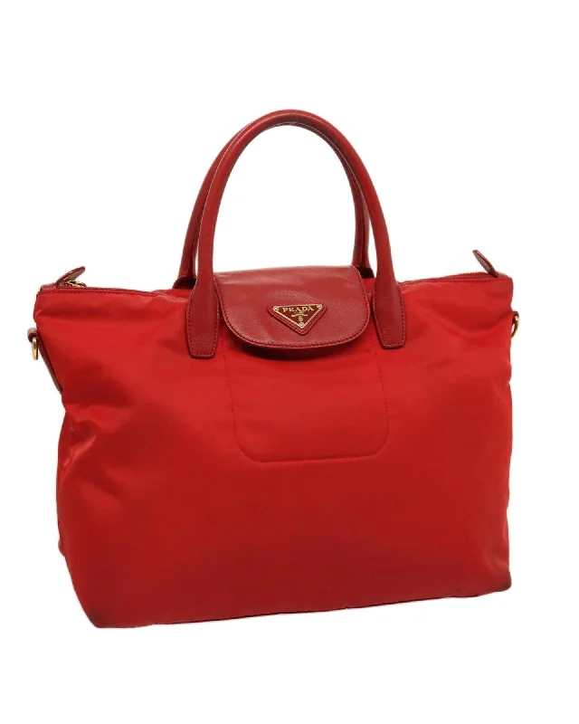 Red Nylon Tote Bag with Gold Accents - Italian-Made