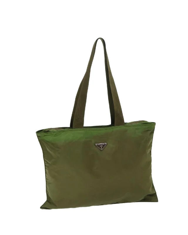 Khaki Nylon Tote Bag with Scratches and Rubbing