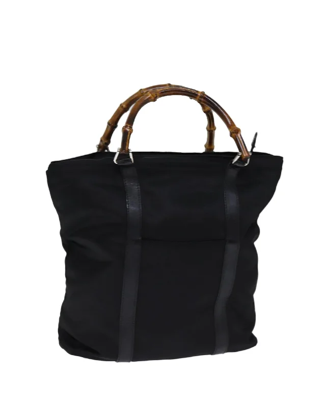 Nylon Hand Bag with Bamboo Handle - Black