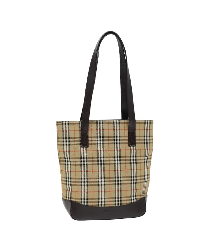 Canvas Leather Beige Tote Bag with Nova Check Pattern