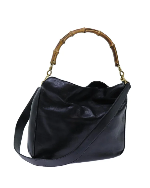 Black Leather Bamboo Hand Bag with Shoulder Strap