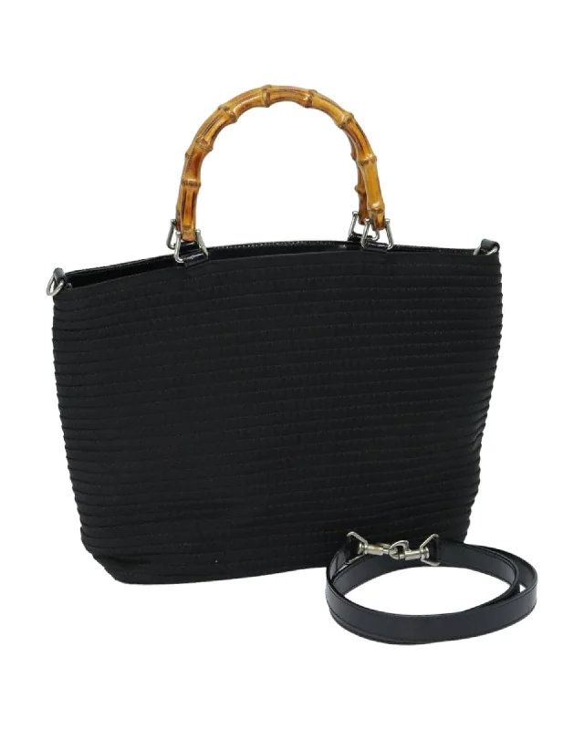 Luxury Bamboo Handle Nylon 2-Way Handbag with Shoulder Strap