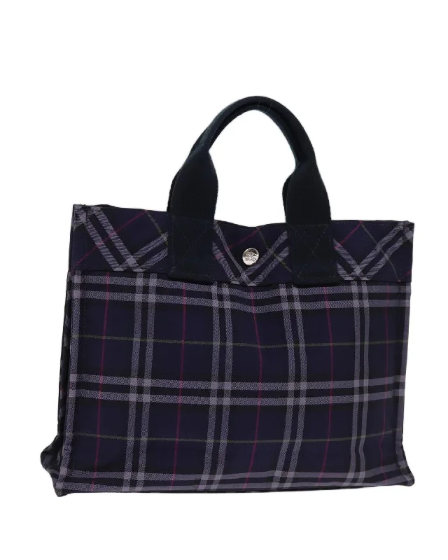 Navy Nylon Hand Bag with Check Design