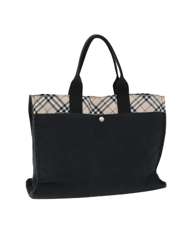 Canvas Hand Bag with Blue Check Pattern and Black Accents