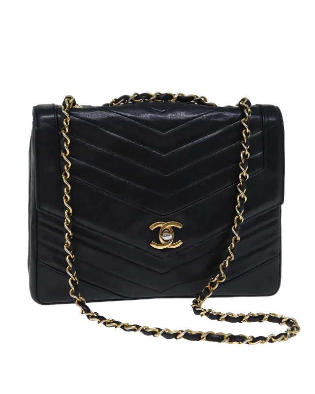 Black Leather Turn Lock Chain Hand Bag with V Stitch Detail