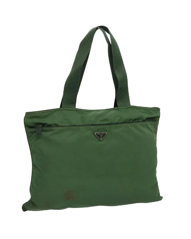 Green Nylon Tote Bag with Accessories and Storage Pockets