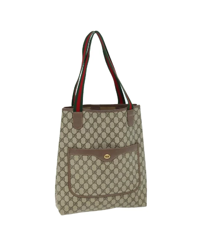 GG Supreme Web Sherry Line Tote Bag PVC Beige Red Tote 002