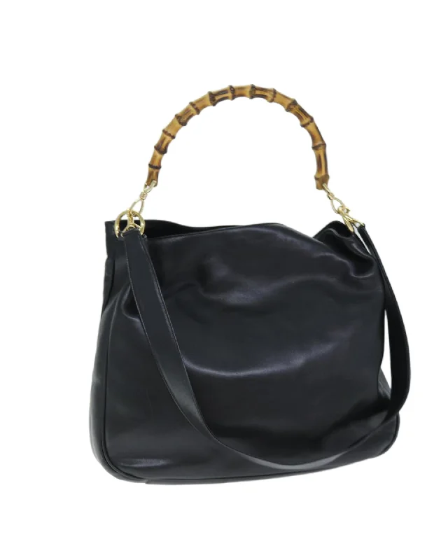 Black Leather 2way Handbag with Bamboo Handle and Shoulder Strap