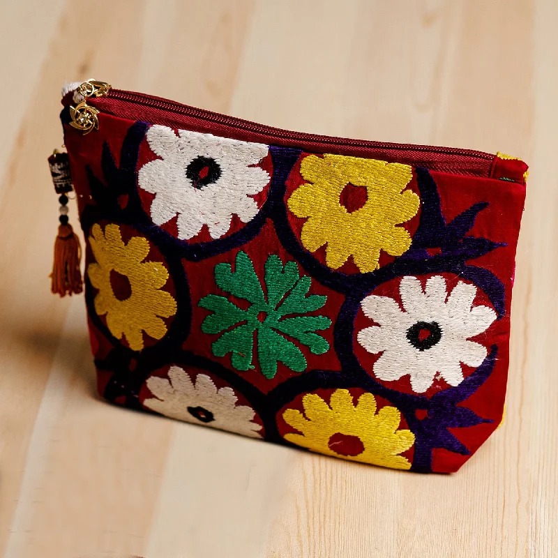 Uzbek Upcycled Cotton Travel Bag with Floral Hand Embroidery - Floral Spectacle