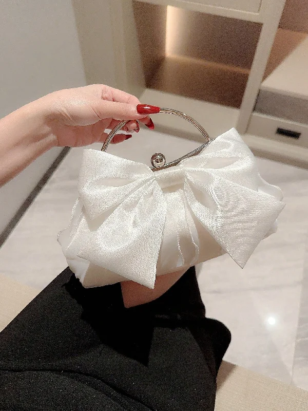 White Evening Bag Fashionable Bow Decor Clip Top Glossy Metal Chain Kiss Lock Clutch