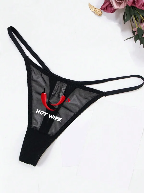 Women's Sexy Lace Red Pepper, Letter & Heart Printed Breathable Thong Panties